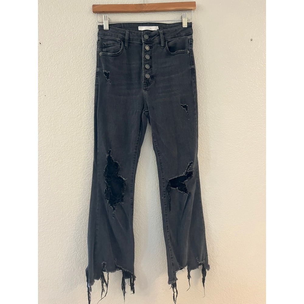 Hidden Jeans High Rise Distressed Black Happi Crop Flare Button Fly Raw Hem 27